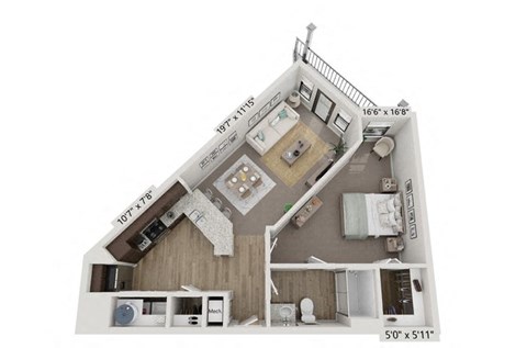 Floor plan for 1 bed, 1 bath, 737 sqft